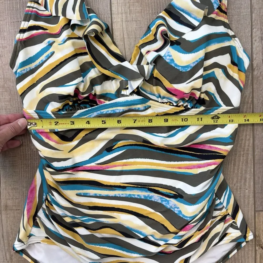 DKNY Women Ruffle One Piece Swimsuit Size 12 Colorful Ruched Tummy Control Artsy - Picture 15 of 16